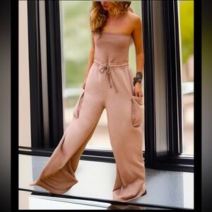 Free People GRAND SLAM ONESIE Strapless W/ Silicone Grip Wide Legs Big Pockets
